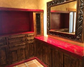 Custom made walnut sideboard, mirror and lit cabinet.  Can be detached into two pieces.