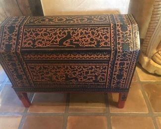 Lacquer chest on stand with animal and flower figures.  $400