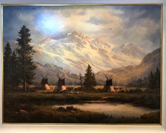 Heinie Hartwig oil on canvas landscape with a meadow and teepees in the foreground, mountains in the background $2,500.00.