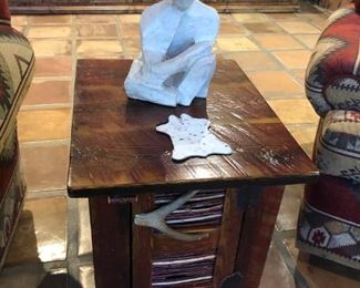 Fantastic Mesquite nightstand with stag horn handle will  fit just about anywhere.  Carving by David Unger.