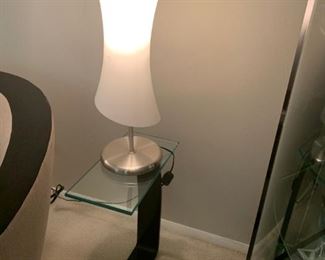 Black Steal/Glass Accent Table & White Contemporary Lamp Underwriter’s Lamp!