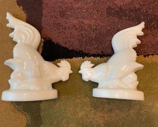 Fighting Roosters White Milk Glass !