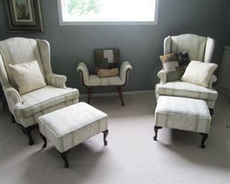 Pair of wing back chairs and matching ottoman
