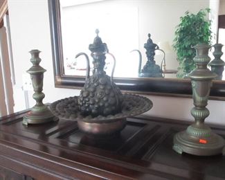 Copper Ewer and metal candlesticks