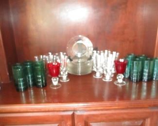 Fostoria Crystal goblets with matching plates and green tumblers