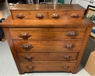 Victorian Chest of Drawers with Key $200 Solid, good condition. Carved leaves and fruit form handles. Two-part over four full-length drawers. 43 5/8" x 42" x 16".