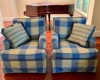 Item 23: (2) Arm chairs - 32"l x 34"w x 33"h - piping on one chair needs to be re-sewn and upon close examination, the upholstery has water stains. $275 each