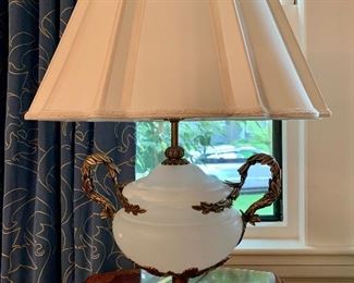 Item 21: (2) Antiqued brass and alabaster lamps - 18.25" x 25.5": $275 each