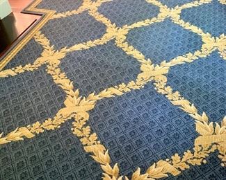Item 135: Spectactular Rug, Design is blue trellis with ivory bead border pattern. New Zealand Wool. 15' 3.75" x 9' 2.25". $995