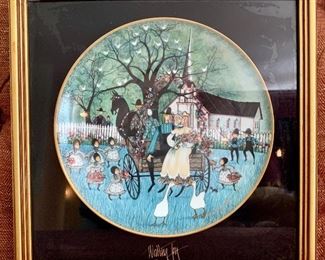 Item 110: P. Buckley Moss "Wedding Joy" framed plate #4034 - 14"l x 1.5"d x 14"h: $50