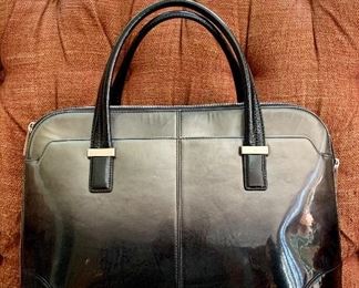 Item 111: Knomo briefcase, black and grey patent leather: $55