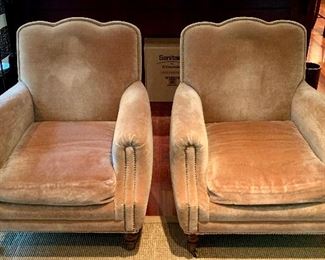 Item 91: (2) A. Rudin "Teddy" mohair English club chairs with antique brass nail bead trim and carved wooden legs - 31"l x 25"w x 35"h - some wear to fabric and stuffing: $375 ea