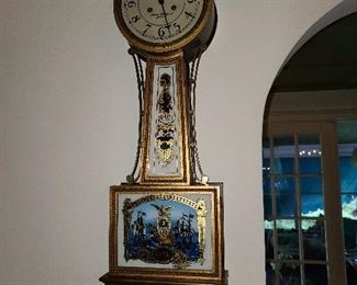 Antique Hull Boat Reverse Painted Glass Front Federal Style Eglomise Banjo Clock