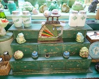 Antique Cabinet Of Drawers With Milk Glass Shakers