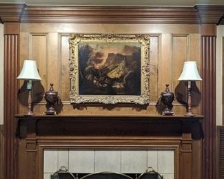 Antique oil on canvas in beautifully carved wooden frame, pair of decorative urns and vintage gold gilt candlestick lamps. 