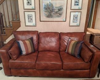 Custom ordered leather sofa, from Leather Creations - ( $2800.00 new), with down cushions, Adirondack Ritz leather (5 of 5, best quality leather!) cherry wood bun feet and Ferrari Chocolate welt.