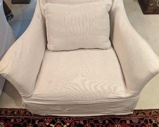 One of a pair of Belgian linen "Justine Club Chair" armchairs, by Verellen. 