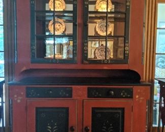 Vintage lighted china cabinet, by Century Furniture, American Life Collection, Henry Ford Museum & Greenfield Village edition; Meissen porcelain plates, "Blue Onion".