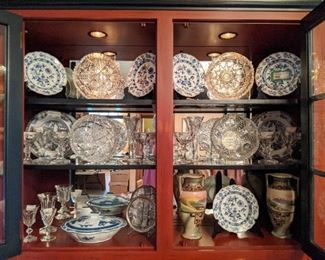 Century Furniture China cabinet, with Meissen porcelain, American Brilliant Cut Glass bowls, vases and low bowl, w/sterling silver rim, vintage hand-painted Nippon porcelain vases, Baccarat crystal "Harcourt" wine and champagne coupes. 
