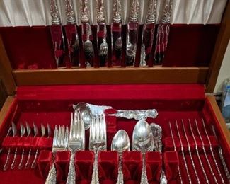 68-piece set of Birks (Canada) sterling silver "Louis XV" flatware in cherry chest, lined with pacific cloth. 