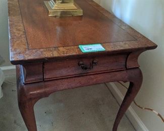 Burled wood, single drawer end table, by Hickory Chair Co.