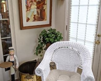 Vintage white wicker armchair, large brass planter, w/handle, hand-carved wooden Swedish silent butleress and artist signed original oil on canvas.