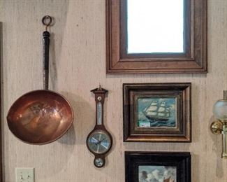 Large copper pot, hung on the wall, just because, home shelter weather station, pair of nicely framed, original oils on canvas and a repro, wall-mounted brass ship's lantern.