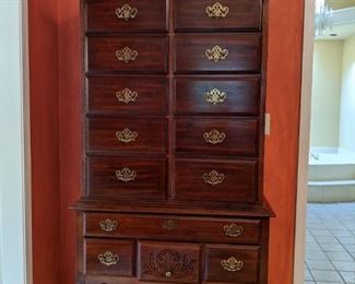 Vintage Ethan Allen mahogany 2-piece highboy, with a secret - keep looking...