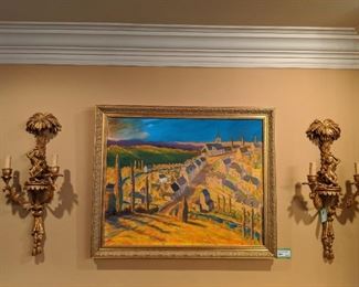 Nicely framed, original oil on canvas, by GA Tech professor, Dejanes, flanked by a wonderful pair of vintage Italian gilt wood, electrified, 2-light monkey wall sconces. 