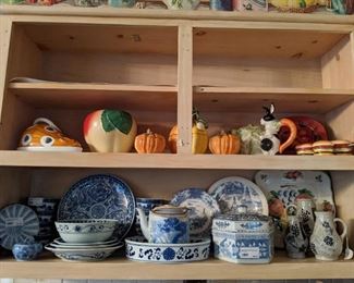 Collection of blue/white Asian porcelains in the kitchen.