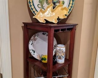 Hand-painted Portuguese earthenware goodies, on wooden wine rack