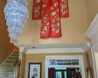 Here's the antique Japanese kimono, flying high above the Italian lead crystal chandelier. 