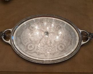 Vintage Gorham silverplated tray, #275, measures 36" handle-to-handle.