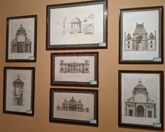 Wall of nicely framed/matted vintage architectural prints. 