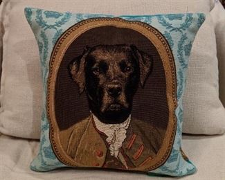 Handsome black lab Belgian tapestry pillow, with down insert, from Thierry Poncelet, Belgian painter, from Brussels.
