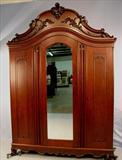 131 - 3pc Walnut Victorian Bedroom Set, signed in multiple places w Issac Himmb Stamp, ca. 1850, Wardrobe - 114in T x 81in W x 21in S