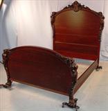 218 - Mahogany Art Nouveau Bed w Draped Ladies, 74in T, 54in x 76in between Rails