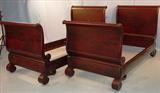 220 - 7pc. Mahogany Empire Bedroom Suite w Original Finish on All, Pair of Twin Beds, 50in. T (39in. X 79in. inside rails)