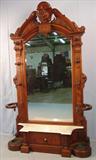 100 - Oversized Burl Walnut Victorian Hall Tree w White Marble, 101 in. T, 59in W, Original Finish, Metal Drip Pans & Lion Head Crown, ca. 1860