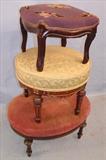217, 216 & 215 - Mahogany Victorian Foot Stool w Needlepoint Upholstery, Round Victorian Foot Stool w Gold Paint & Victorian Oval Foot Stool w Rose Colored Upholstery