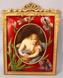 112 - Hand Painted on Porcelain in Great Shape, French Enamel Frame, 8in W x 11in T, Image of Girl, 4.5 in x 5.5in.