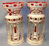 116 - Pair Oversized White Cut to Cranberry Lusters, 16.5in T w 8in Prisms