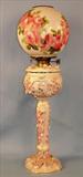 118 - Pink Dresden Type Oil Lamp w Double Burner, 29in T