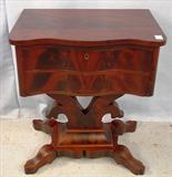 385 - Flame Mahogany 2 Drawer Work Table, 23in. W x 16in. D, ca. 1840
