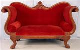311 - Mahogany Federal Carved Settle w High Arms and Claw Feet on Front and Back, 46in T x 59in W, ca 1840
