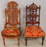 306 & 307 - Walnut Victorian Music Chair w Needlepoint Upholstery, 41in. Tall & Walnut Victorian Pierce Carved Back Slipper Chair w Red Upholstery, 39.5in T, ca. 1875