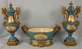 502 - Porcelain & Bronze 3 Piece set, Center Bowl & 2 Tall Capped Urns, Blue