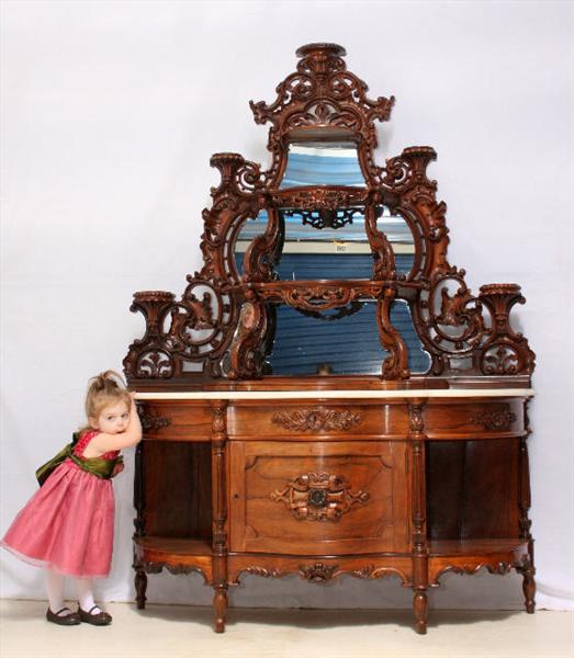 111 - Rosewood Marble Top Parlor Cabinet with Etagere Top, Pierced Carved top, att. To J.J. Meeks, 5ft. Wide, 7ft. Tall, ca. 1855