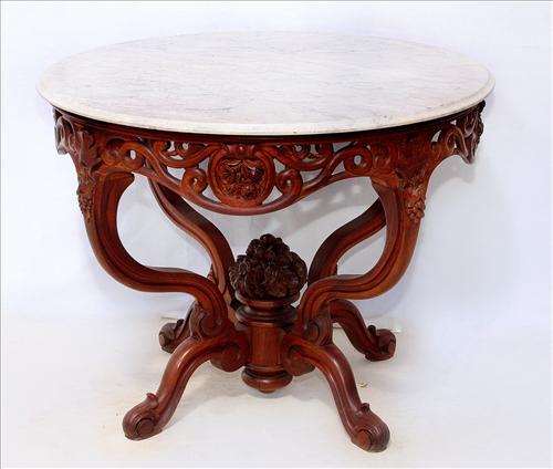 107 - Round Rosewood Belter Table, Marble top, 31in. Diameter