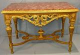 156 - Victorian Gold Gilded Italian Marble Top Console Table with coral colored marble, 36 in. T, 53 in. W, 33 in. D, ca. 1870.